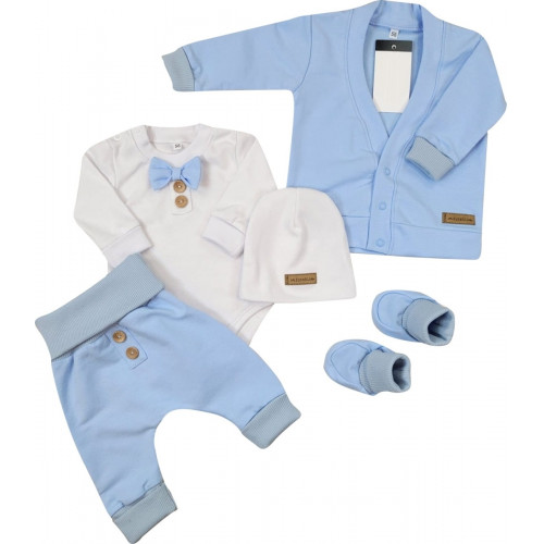 Bavlnená sada, body, nohavice, motýlik a čiapka Elegant Boy 5D, Kazum, modrá/biela, veľ.80