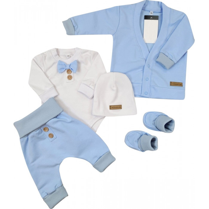 Bavlnená sada, body, nohavice, motýlik a čiapka Elegant Boy 5D, Kazum, modrá/biela, veľ.80