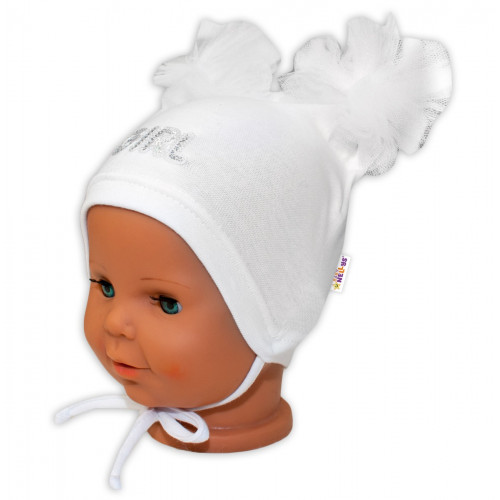 Bavlnená čiapočka na zaväzovanie Baby Nellys s mašličkami Tutu - biela, 80/86