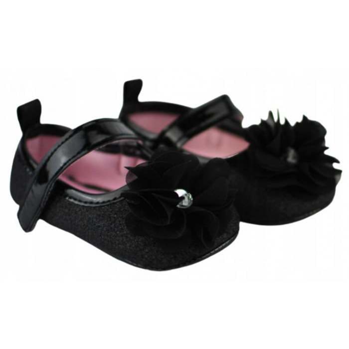 Dojčenské capáčky/topánočky s kvietkom, brokát/čierne, Baby Nellys, vel. 6/12 m