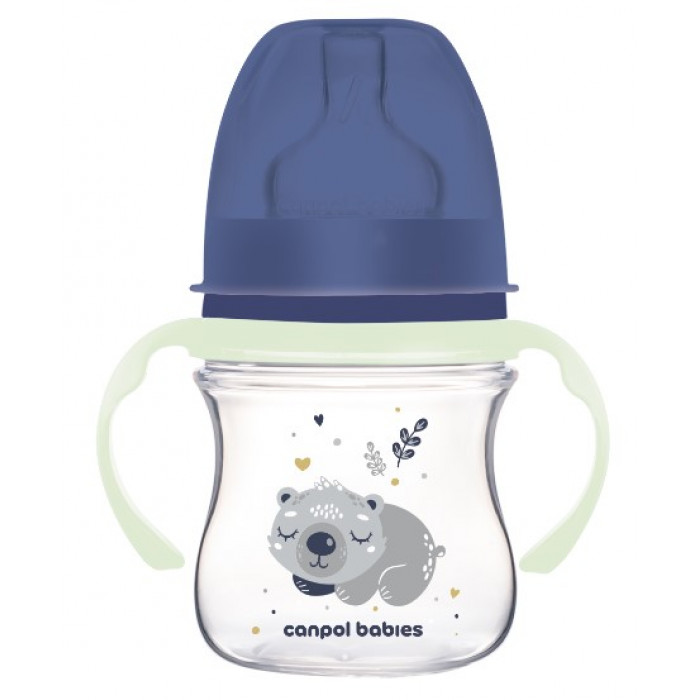 Antikolik. fľaštička so širokým hrdlom a svietiacimi úchytmi, Sleepy Koala, 120 ml - modrá