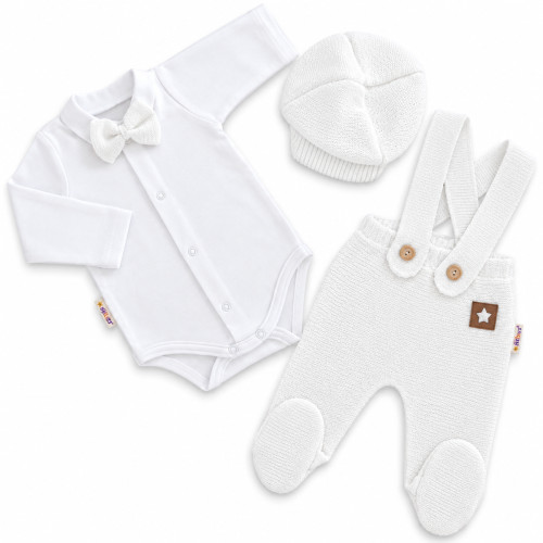 Pletená súprava Gentleman 3D, body, polodupačky s laclom, čiapočka, biela, 62
