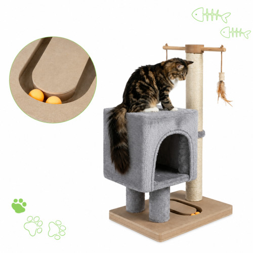 Škrabadlo pre mačky Cat Tree 64 cm s úkryt – MDF, sisal, plyš, svetlosivá