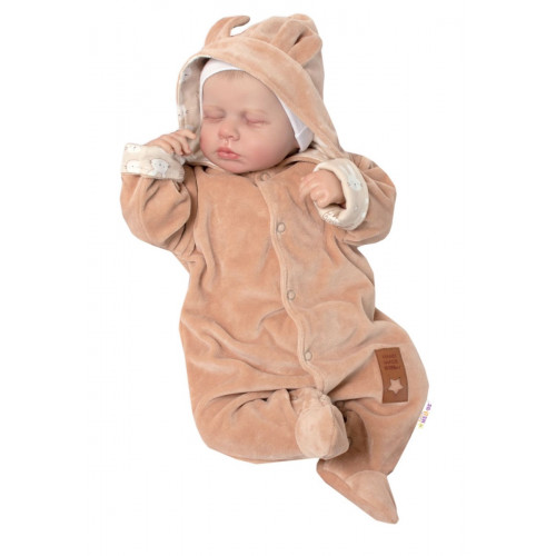 Baby Nellys Dvojvrstvový velúrový overal s kapucňou New Bunny, hnedý, veľ. 74