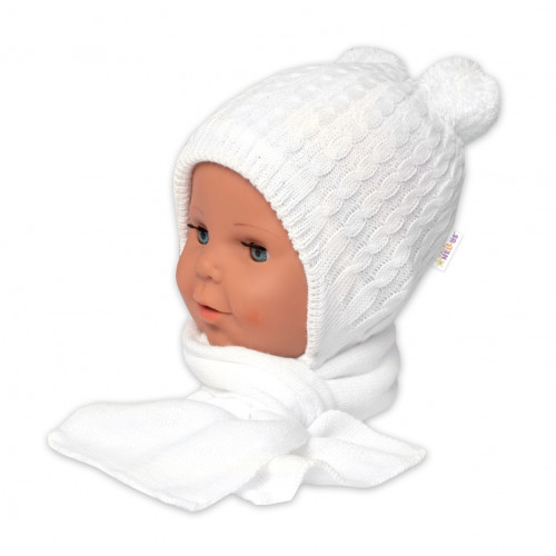 Zimná čiapka na zaväzovanie s brmbolcami + šál, Baby Nellys - biela, vel. 62/68