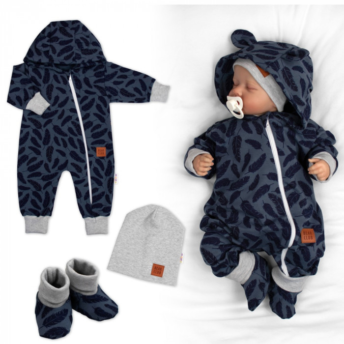 Rastúci teplákový overal pre bábätko, čiapky, topánky, 3D, Nature - jeans pierka, 80/86