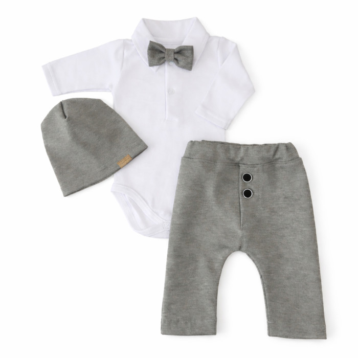 Z&Z 4-dielna sada Elegant Boy, body, nohavice, motýlik a čiapky, sivá/biela, veľ.74