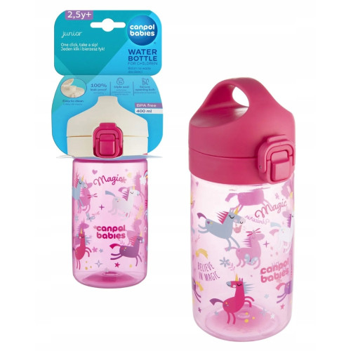 Junior fľaša na pitie 400 ml s pítkom 30m+ – detská fľaša, plastová, ružová