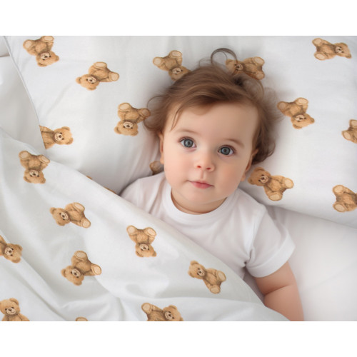 Obliečky do postieľky, bavlna, 2D sada, Míša - biela s potlačou, 135x100