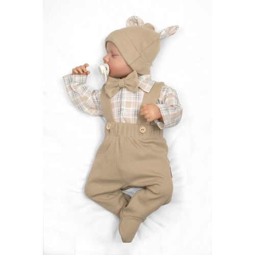 Bavlnená súprava Gentleman 3D, body, polodupačky s lacnom, čiapočka, béžová/kocka, 62