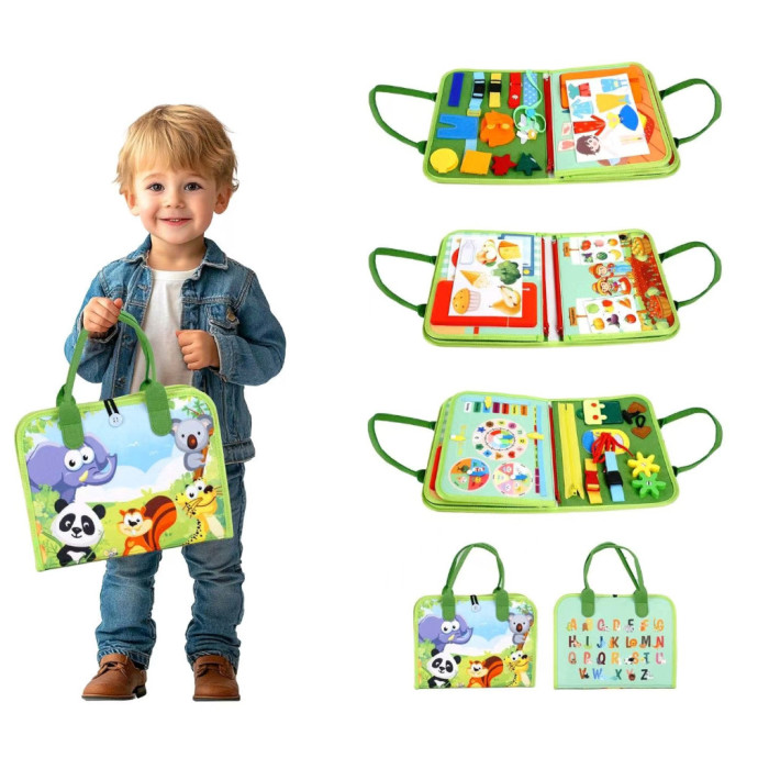 Senzorická busy kniha látková 2Kids Toys – gombíky, zipsy, šnúrky, Safari