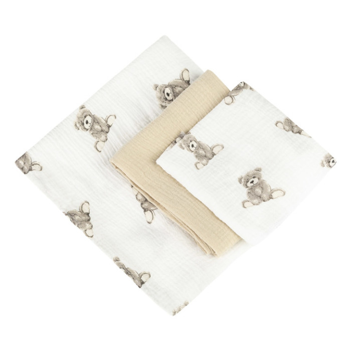 Mušelínové pleny krešované sada 3 ks Teddy beige – 120×120, 70×60, 30×35 cm