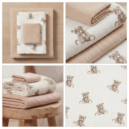 Mušelínové pleny krešované sada 3 ks Teddy beige – 120×120, 70×60, 30×35 cm