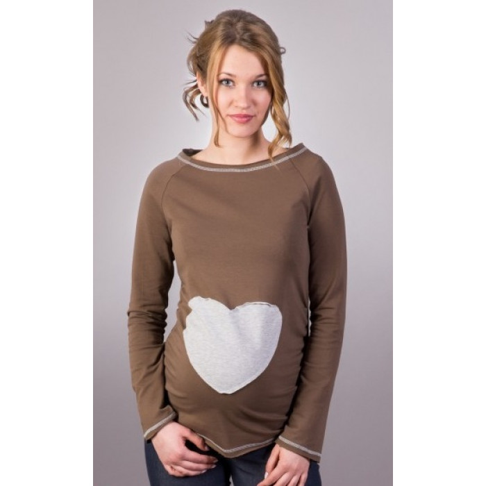 Be MaaMaa Tehotenské tričko / blúzka SRDCE dl. rukáv - capuccino,XL/XXXL