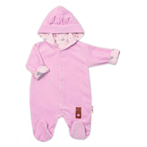Baby Nellys Dvojvrstvový velúrový overal s kapucňou Bunny, ružový, veľ. 80