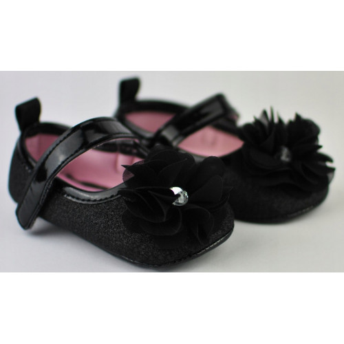 Dojčenské capáčky/topánočky s kvietkom, brokát/čierne, Baby Nellys