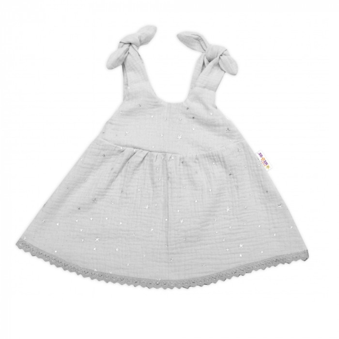 Baby Nellys Letné ľahučké mušelínové šaty Summer Stars - sivé, veľ. 92/98