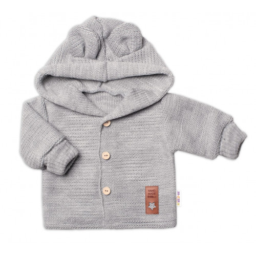Elegantný pletený svetrík s gombíkmi a kapucňou s uškami Baby Nellys, sivý, veľ. 74