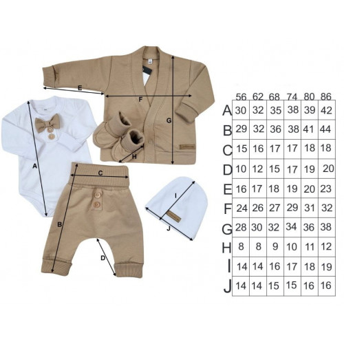 Bavlnená sada, body, nohavice, motýlik a čiapka Elegant Boy 5D, béžová/biela, veľ. 62