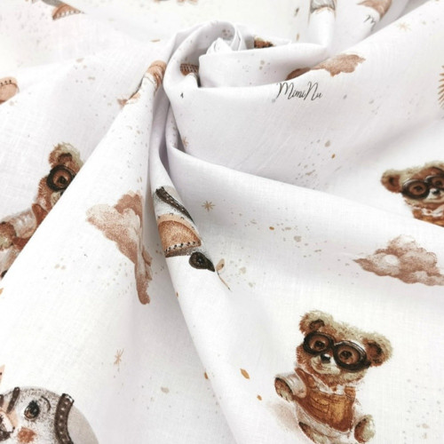 Mantinel s obliečkami do postieľky, 3D sada Bavlna, Méďa pilot - biela, béžová