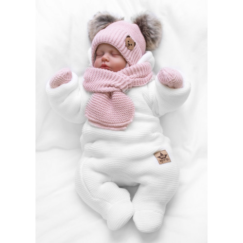 Detská sada, zimná čiapka so šálom + rukavičky 3D, Teddy Bear - pudrovo ružová