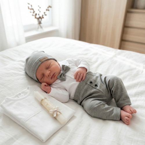 Z&Z 4-dielna sada Elegant Boy, body, nohavice, motýlik a čiapky, sivá/biela, veľ.74