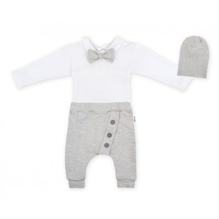 Baby Nellys 3-dielna sada Hubert, body s motýlikom, tepláčiky a čiapočka - sivá, veľ. 98