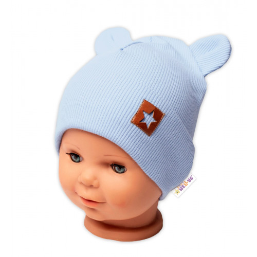 Baby Nellys Rebrovaná dvojvrstvová čiapka s uškami TEDDY - sv. modrá, veľ. 68/74