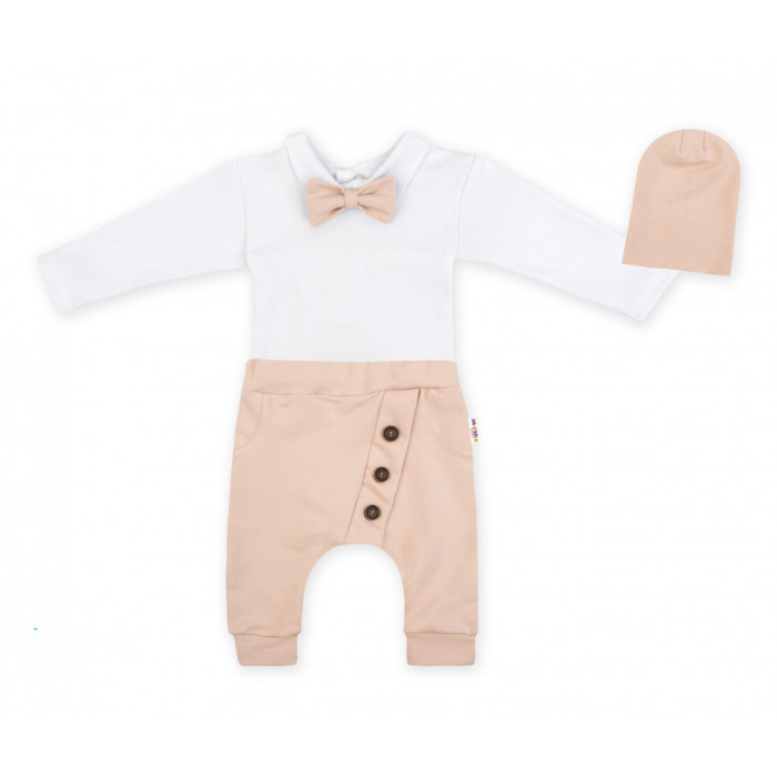 Baby Nellys 3-dielna sada Hubert, body s motýlikom, tepláčiky a čiapočka - béžový, veľ. 86