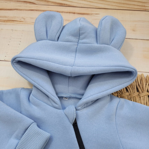 Oteplený detský overal bez šľapiek s kapucní + čiapočka, 2D, modrý