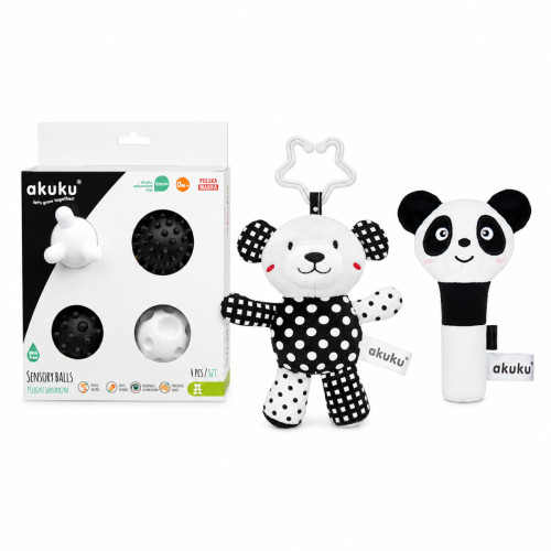 Súprava kontrastných hračiek Akuku - Panda, Medvedík, senzorické balóniky
