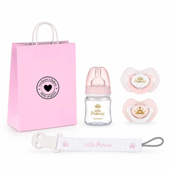 Darčeková sada Little Princess Canpol Babies 0-6m, fľaštička, cumlíky, retiazka + taška