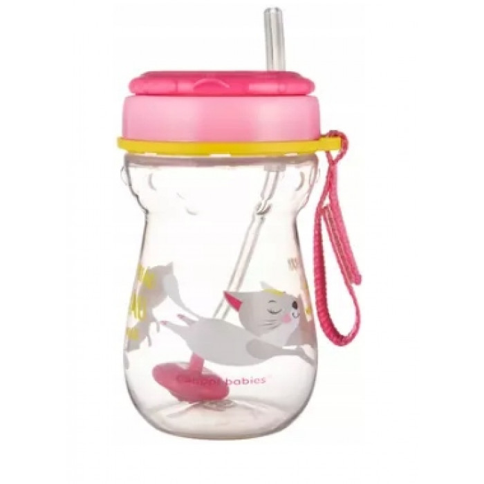 Canpol babies Hrnček športový so slamkou a závažím 350 ml, mačička - ružová