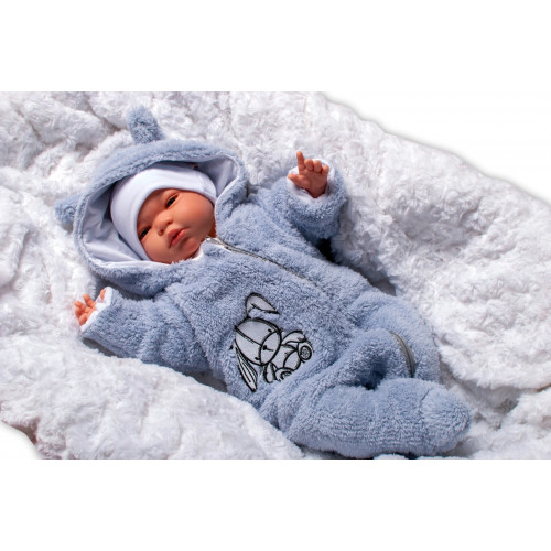 Baby Nellys Chlpáčkový overálek s kapucňou, Cute Bunny - modrý, veľ. 68