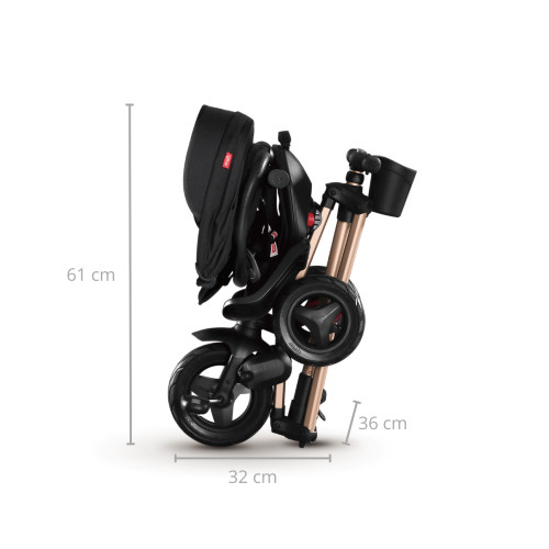 Detská trojkolka s vodiacou tyčou NOVA+ RUBBER – skladacia, bezpečná, čierna, zlatá