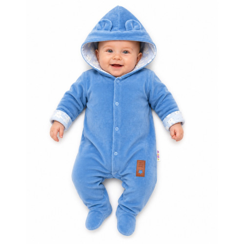 Baby Nellys Dvojvrstvový velúrový overal s kapucňou New Bunny, modrý, veľ. 74