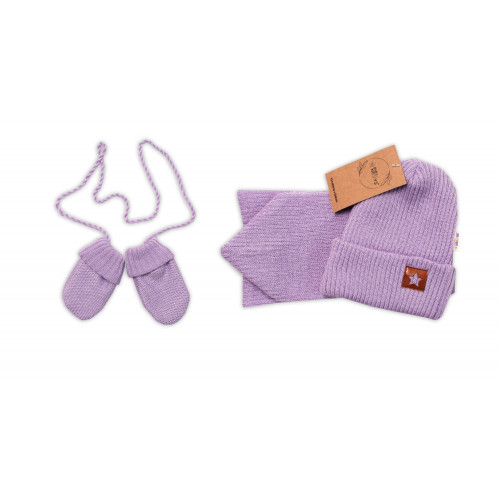 Baby Nellys Pletená čiapka so šálom a rukavičky 3v1, STAR - fialová