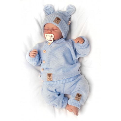 Pletená bavlněná čiapka s uškami, dvojvrstvová, Hand Made Baby Nellys, modrá, veľ. 80/86