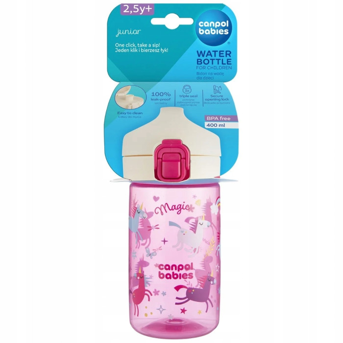 Junior fľaša na pitie 400 ml s pítkom 30m+ – detská fľaša, plastová, ružová