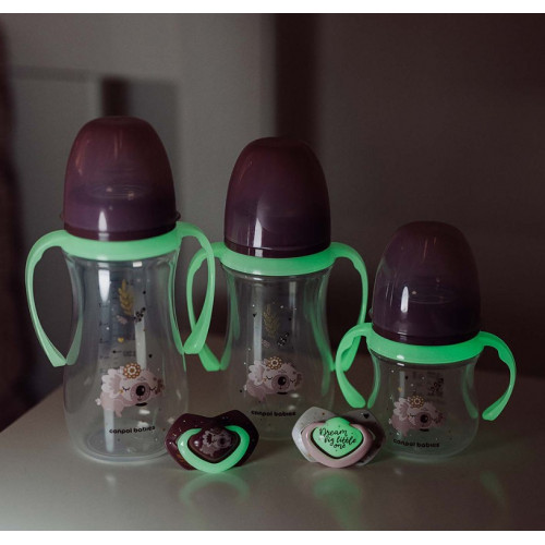 Antikolik. fľaštička so širokým hrdlom a svietiacimi úchytmi, Sleepy Koala, 300 ml - lila