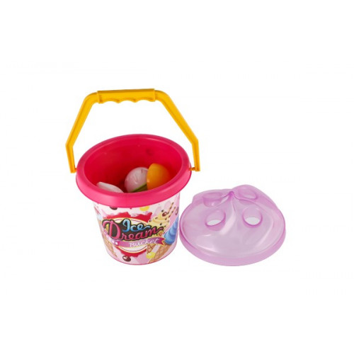 Sada na piesok plast vedierko + formičky zmrzlina 2 farby v sieťke 18x28x17cm 12m+