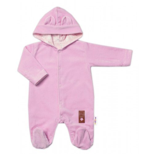 Baby Nellys Dvojvrstvový velúrový overal s kapucňou New Bunny, ružový, veľ. 74