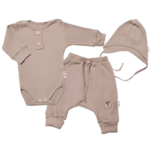 Baby Nellys 3-dielna rebrovaná súpr. Hand Made, body, tepláčiky a čiapočka, béžová