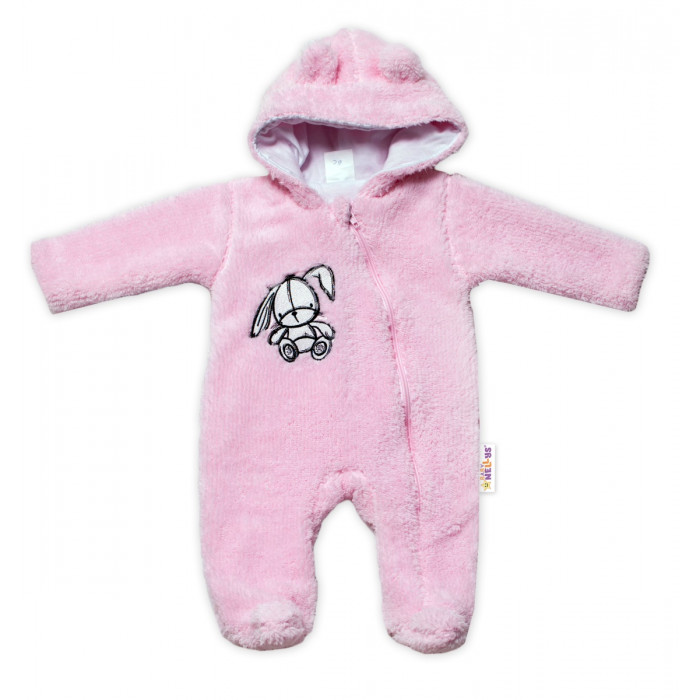 Baby Nellys Chlpáčkový overálek s kapucňou, Cute Bunny - svetlo ružový, veľ. 68