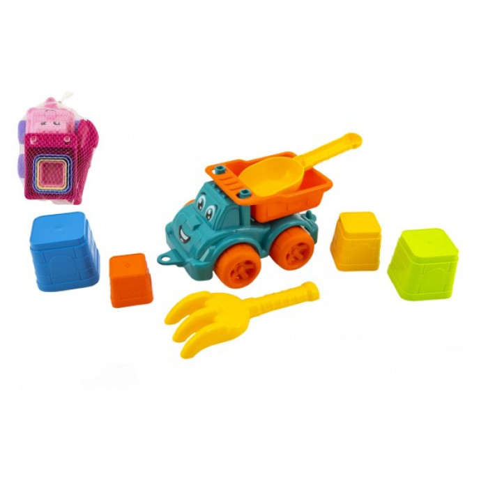 Súprava na piesok 6ks plast auto na voľný chod s doplnkami 2 farby v sieťke 16x13x21cm 12m
