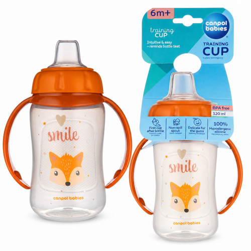 Tréninkový hrnek s měkkým silikonovým pítkem 320 ml, netekoucí, orange