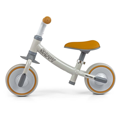 Odrážadlo Skippy Milly Mally – EVA kolesá, 18m+, ergonomické, biele, sivé