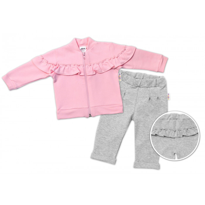 BABY NELLYS Detská tepláková súprava s volánikom SWEET LADY - ružová, šedá