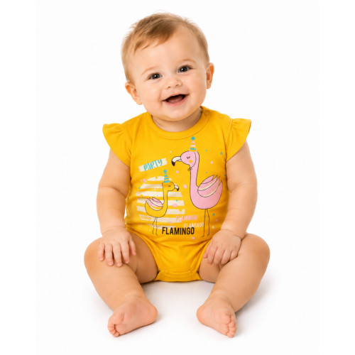 Baby Nellys Bavlnené dojčenské body, kr. rukáv, Flamingo - horčicove, veľ. 86