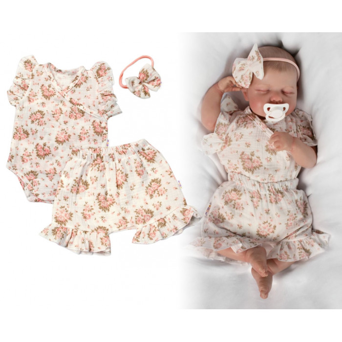 Zavinovacie body, kraťasky + čelenka, mušelín, Pivonky, Baby Nellys, smotanové, veľ. 74